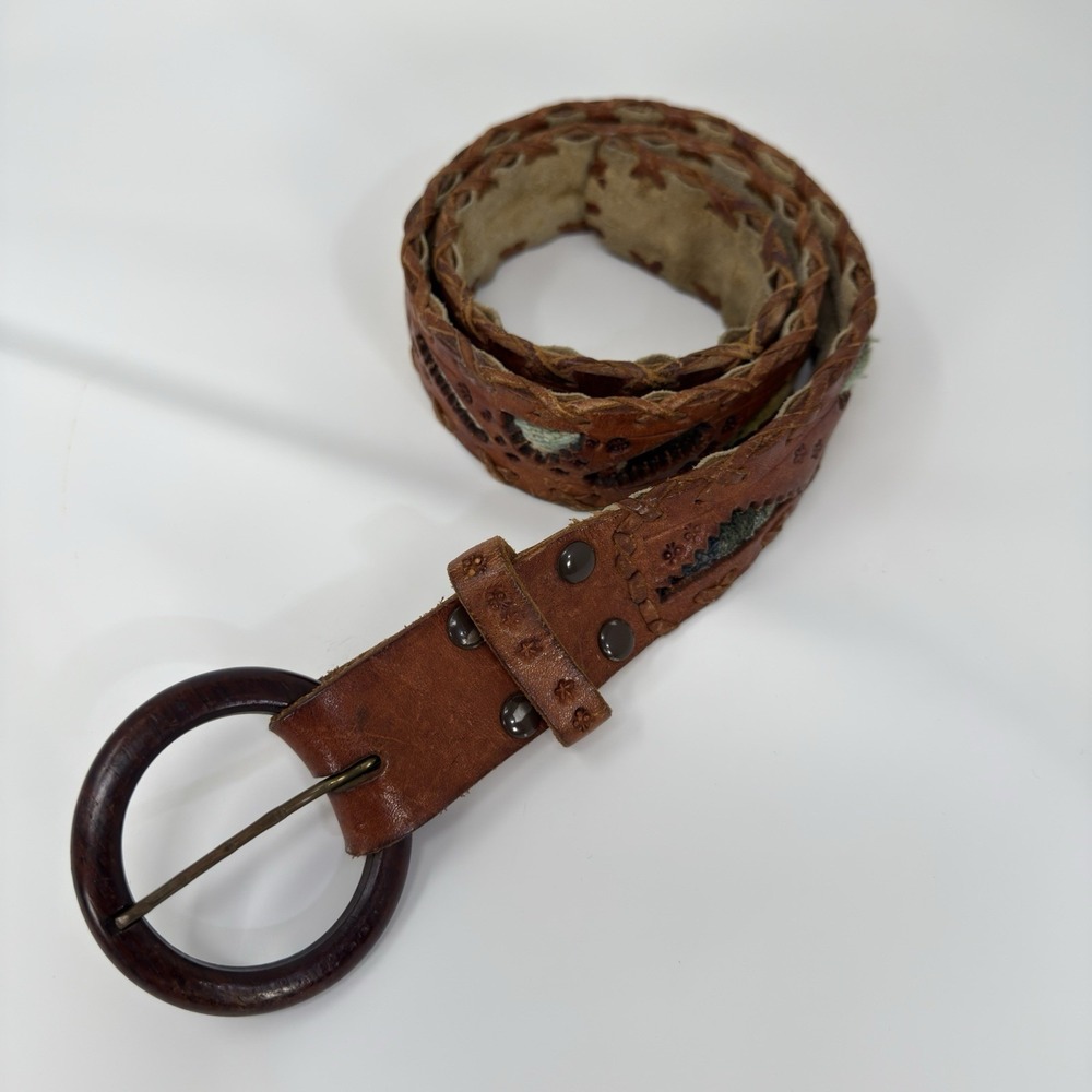 Vintage Leather Belt Made In Mexico Size 38 Woven Die Cut Navajo Aztec Inlay